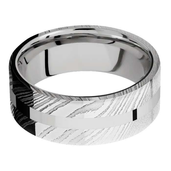 8mm wide Flat Damascus Steel Ring with Polish Damascus Finish / One 2mm Centered 14k White Gold Inlay with Polish Finish / 14k White Gold Sleeve - Image 3