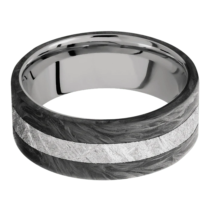 8mm wide Flat Forged Carbon Fiber Ring / One 3mm Centered Meteorite Inlay / Titanium Sleeve - Image 3