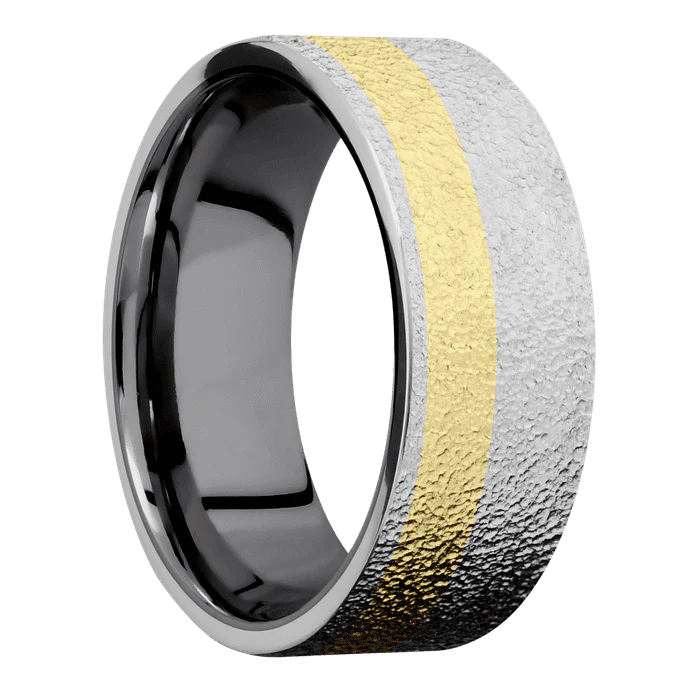 8mm wide Flat Platinum Ring with Stipple Finish / One 3mm Off Center 18k Yellow Gold Inlay / Tantalum Sleeve - Image 2