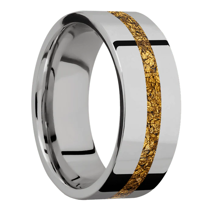 8mm wide Flat Titanium Ring with Polish Finish / One 2mm Centered 24k Raw Gold Nugget Inlay - Image 2