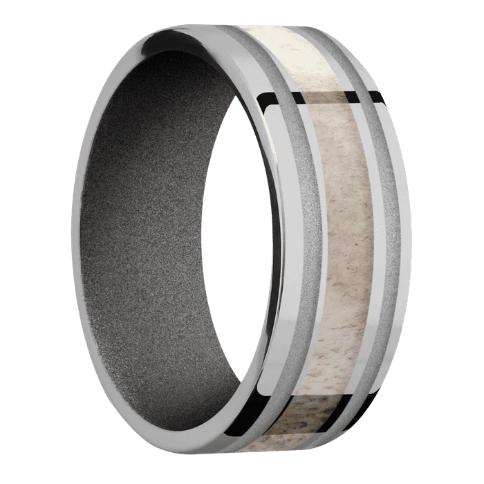 8mm wide Flat Titanium Ring with Polish Finish / Two 1mm Wide Crushed Silver Cerakote Inlay / One 3mm Centered Antler Inlay / Gun Metal Grey Cerakote Sleeve - Image 2