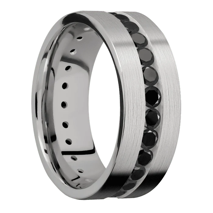 8mm wide Flat Titanium Ring with Satin Finish / Eternity Round .07 carat Black Diamond Channel-Set Gemstones - Image 2