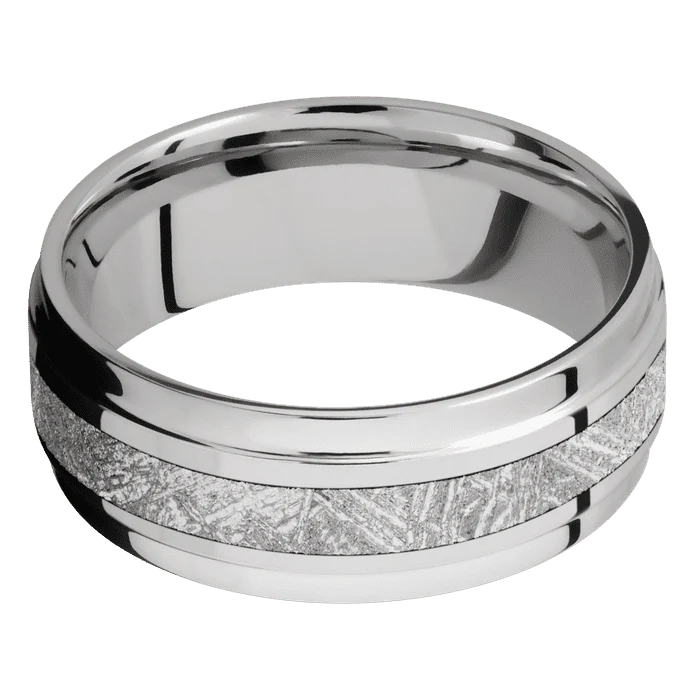 8mm wide Flat Wide Grooved Edges Titanium Ring with Polish Finish / One 3mm Centered Meteorite Inlay - Image 3
