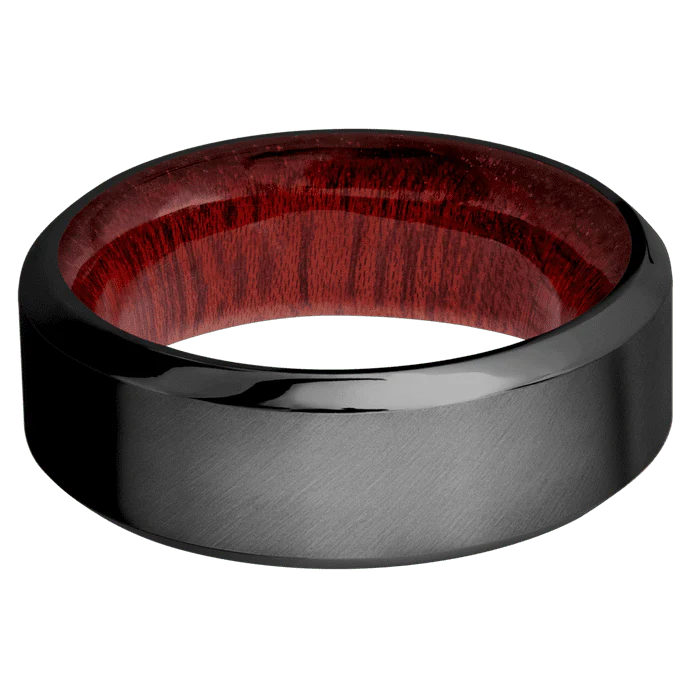 8mm wide High Bevel Black Titanium Ring with Angle Satin Finish / Blood Wood Sleeve - Image 3