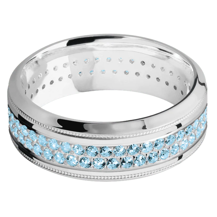 8mm wide High Bevel Milgrain 10k White Gold Ring with Polish Finish / 2 Row Eternity Round .015 carat Aqua Diamond Bead Channel-Set Gemstones - Image 3