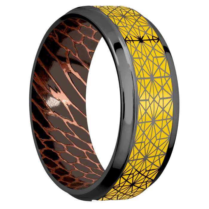 8mm wide Stepped Bevel Black Titanium Ring with Polish Finish / Celestial Design and Corvette Yellow Cerakote Accents / Darkened Superconductor Sleeve - Image 2