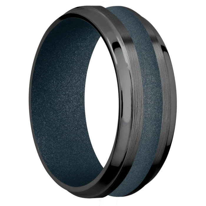 8mm wide Stepped Bevel Black Titanium Ring with Satin Finish / One 3mm Centered Blue Titanium Cerakote Inlay / Blue Titanium Cerakote Sleeve - Image 2