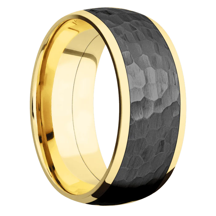 9mm wide Domed 10k Yellow Gold Ring with Polish Finish / One 7mm Centered Black Zirconium Inlay with Hammer Finish - Image 2