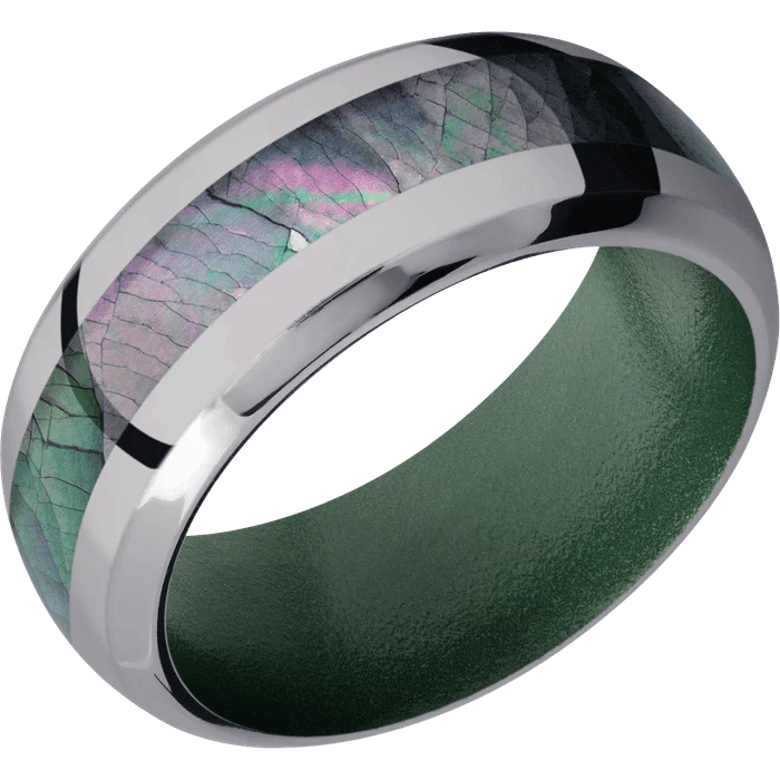 9mm wide Domed Bevel Tantalum Ring with Polish Finish / One 4mm Centered Black Mother of Pearl Inlay / Eastern Green Cerakote Sleeve