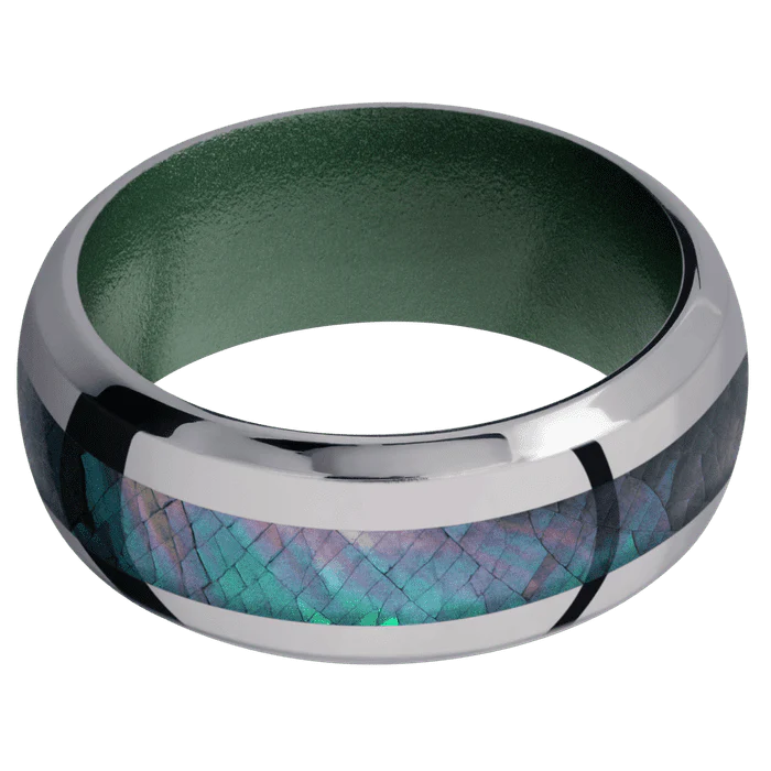 9mm wide Domed Bevel Tantalum Ring with Polish Finish / One 4mm Centered Black Mother of Pearl Inlay / Eastern Green Cerakote Sleeve - Image 3