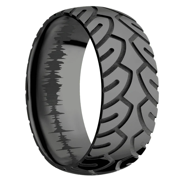 9mm wide Domed Black Titanium Ring with Polish Finish / Cycle Design / None Interior Pattern - Image 2