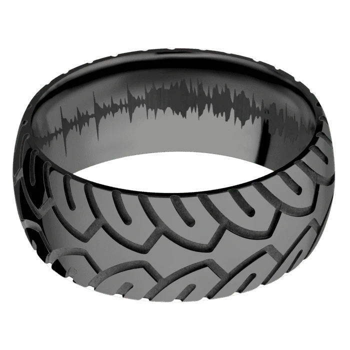 9mm wide Domed Black Titanium Ring with Polish Finish / Cycle Design / None Interior Pattern - Image 3