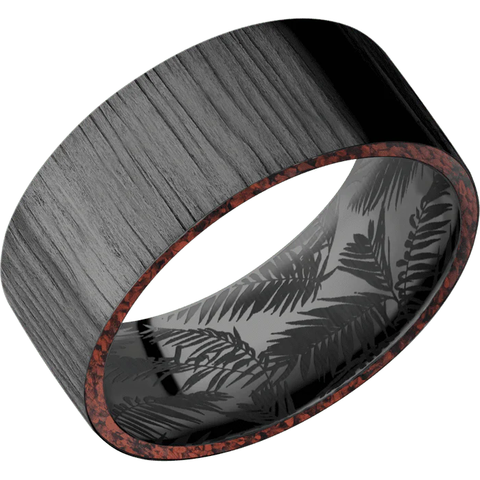 9mm wide Flat Black Titanium Ring with Treebark 1 Finish / Two 1mm Side Red Dinosaur Bone Inlay / None Interior Pattern