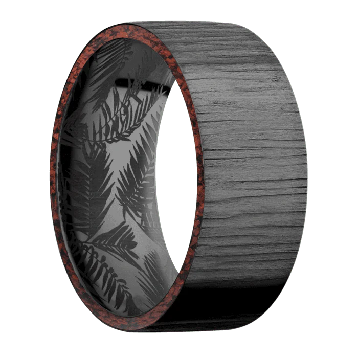9mm wide Flat Black Titanium Ring with Treebark 1 Finish / Two 1mm Side Red Dinosaur Bone Inlay / None Interior Pattern - Image 2