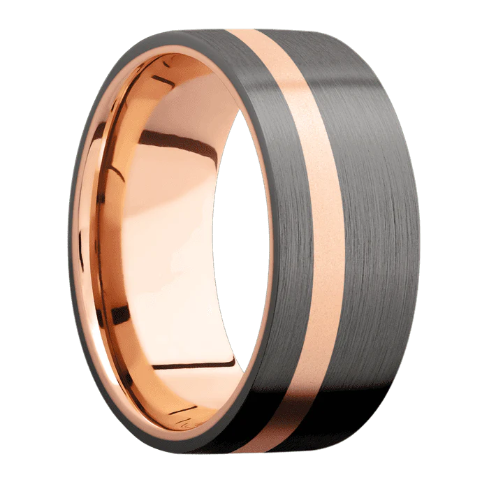9mm wide Flat Darkened Tantalum Ring with Satin Finish / One 2mm Off Center 14k Rose Gold Inlay with Bead Blast Finish / 14k Rose Gold Sleeve - Image 2