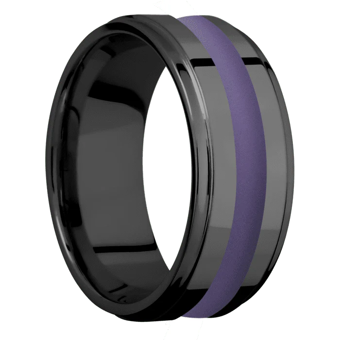 9mm wide Flat Grooved Edges Black Titanium Ring with Polish Finish / One 3mm Centered Bright Purple Cerakote Inlay - Image 2