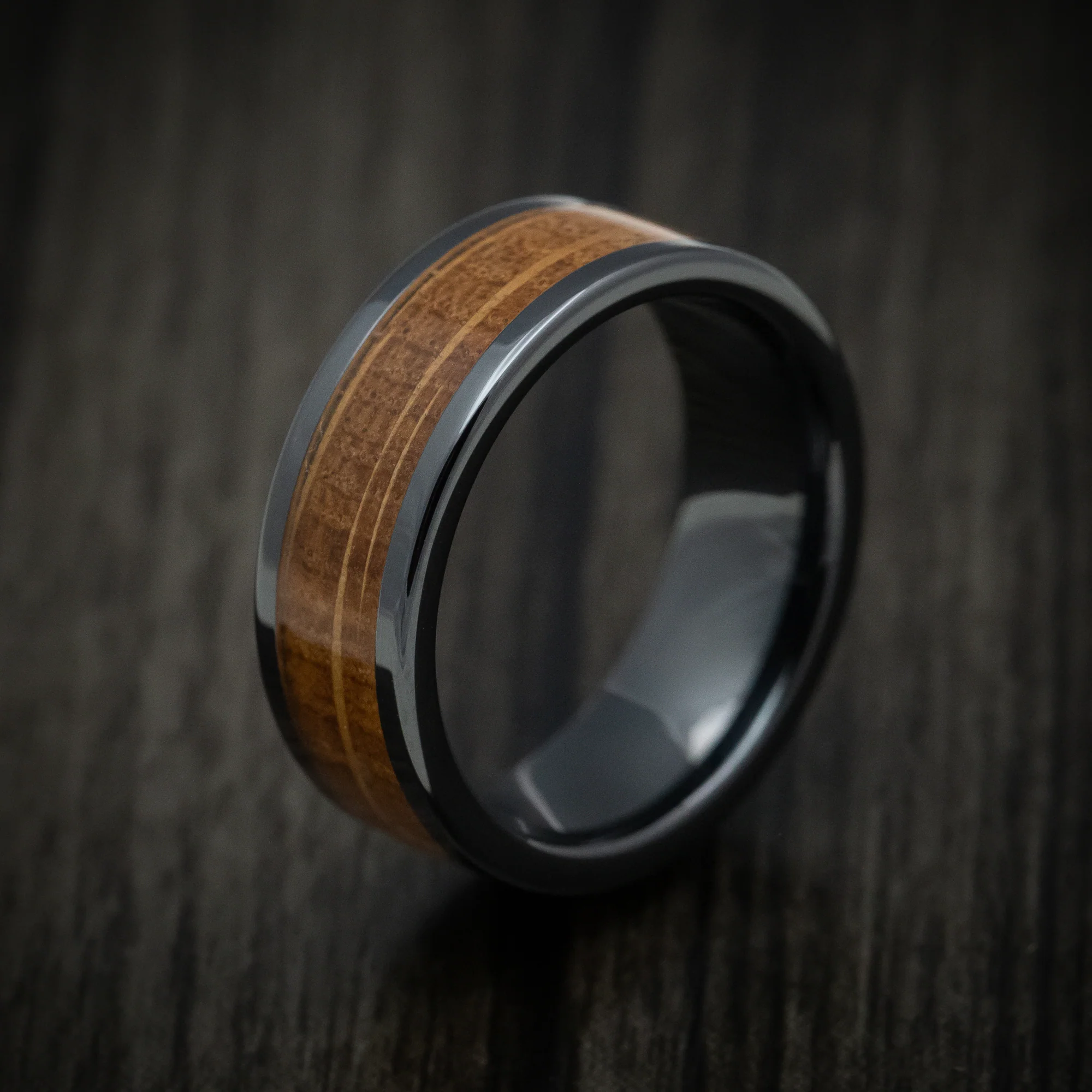 Black Ceramic and Whiskey Barrel Wood Inlay Custom Men's Ring - Image 4