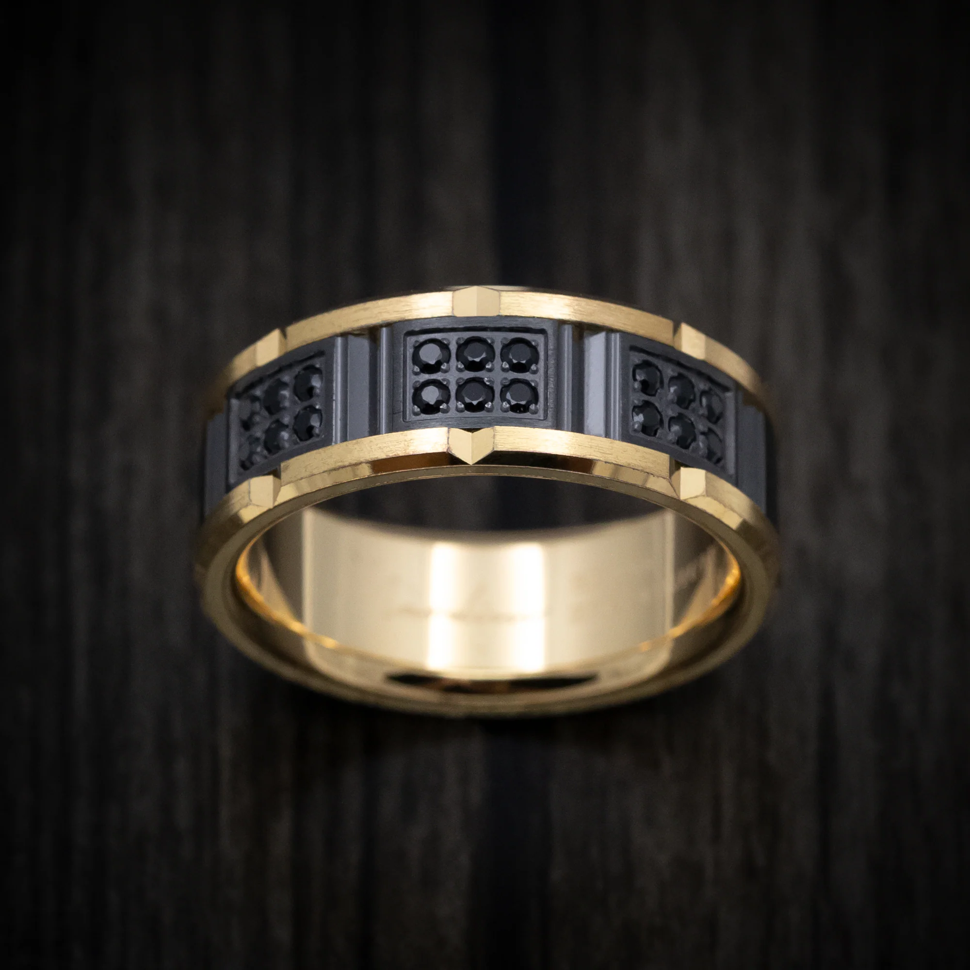 Black Titanium and 14K Yellow Gold Men's Ring with Black Diamonds - Image 2