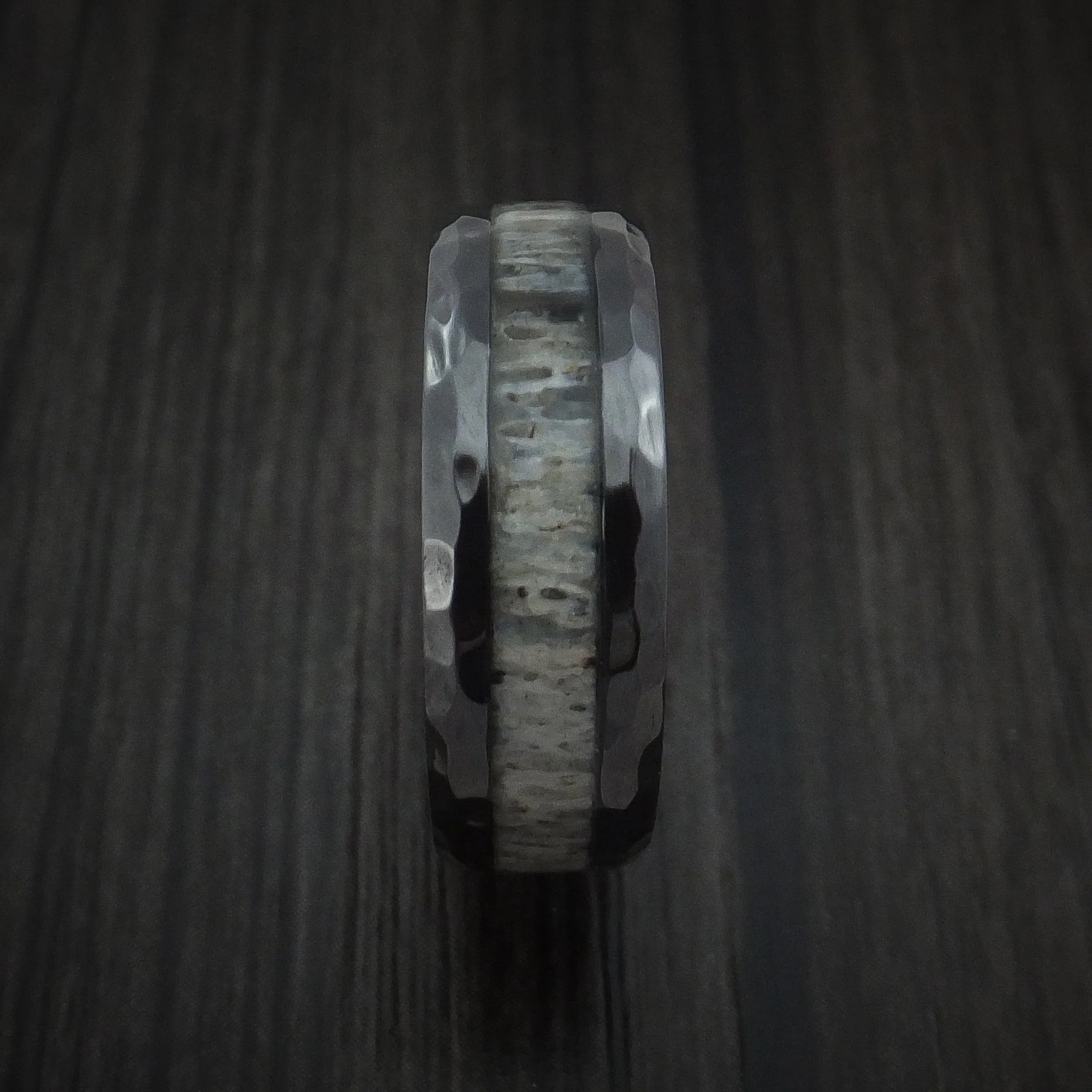 Black Titanium and Antler Hammered Men's Ring Custom Made Band - Image 3