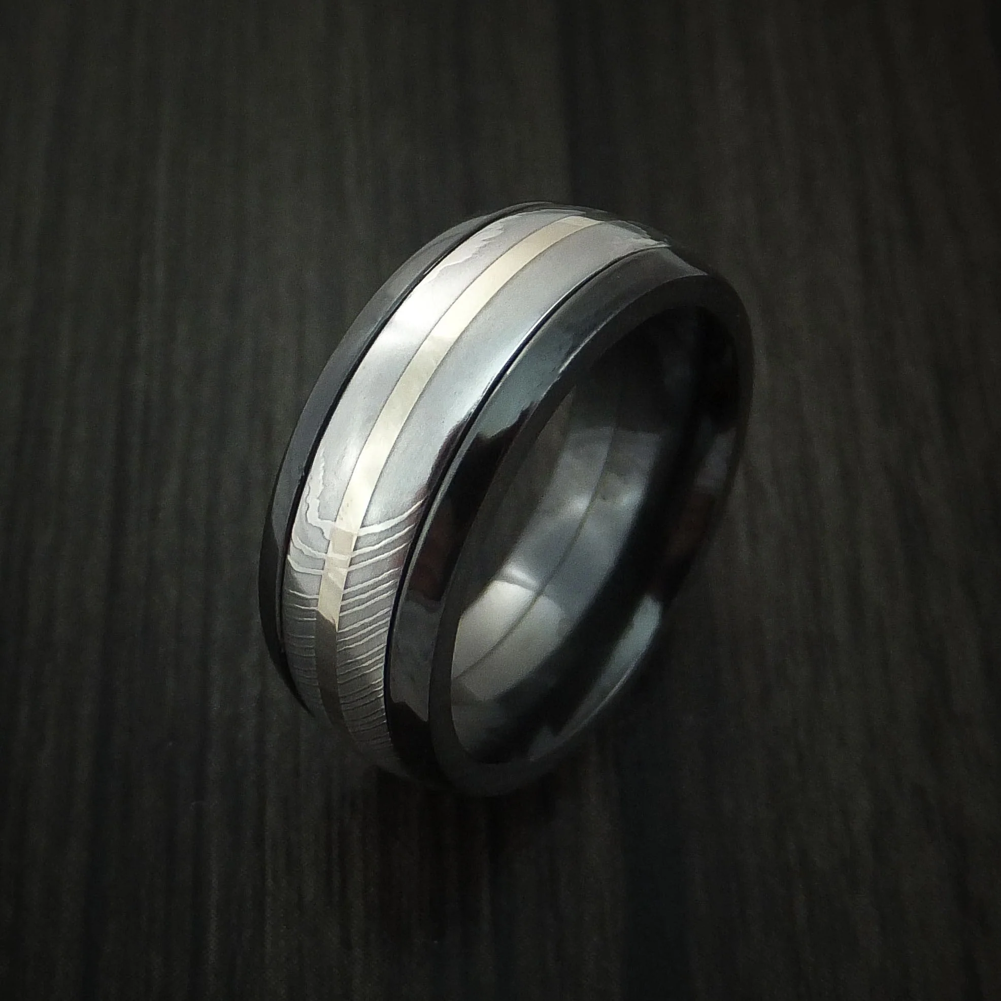 Black Titanium and Damascus Steel Band 14K White Gold Center Custom Made Men's Ring - Image 4