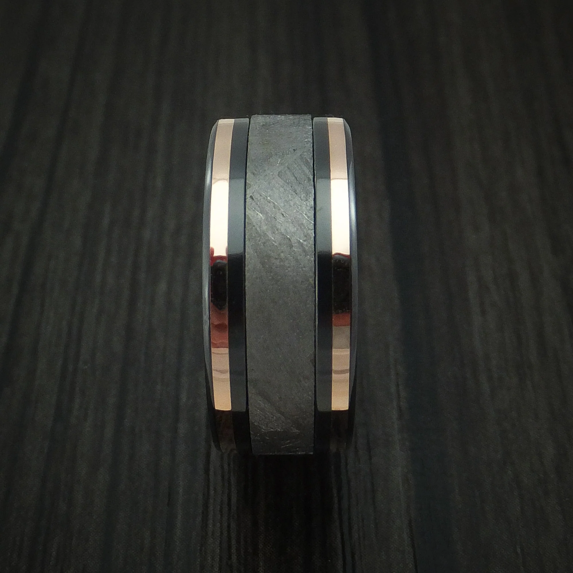 Black Titanium and Gibeon Meteorite Men's Ring with 14K Rose Gold Inlays Custom Made Band - Image 3