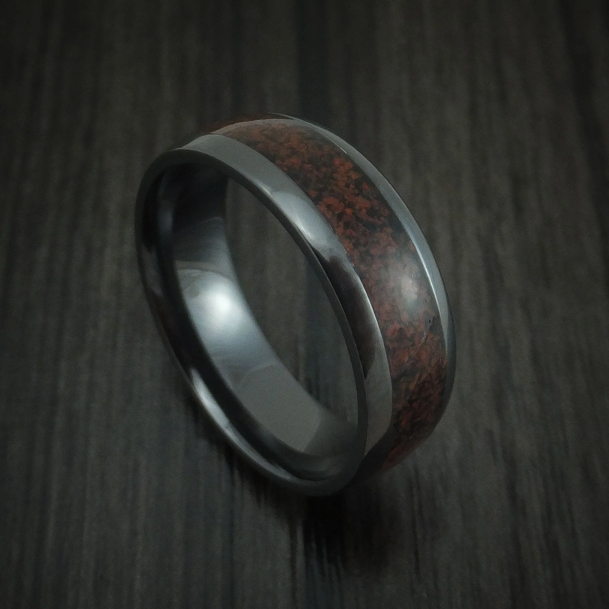 Black Titanium and Red Dinosaur Bone Men's Ring Custom Made Fossil Band