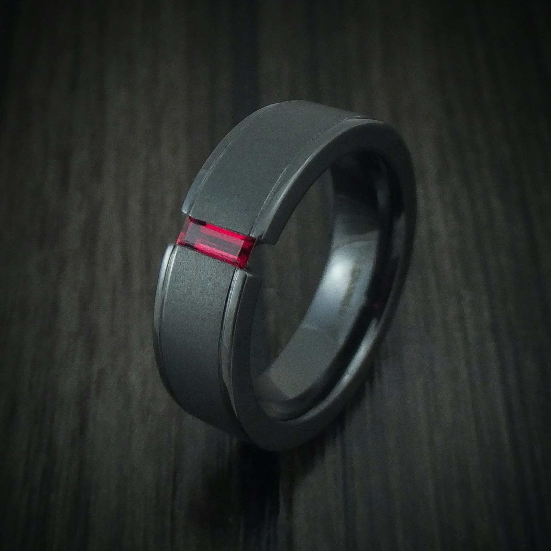 Black Titanium or Black Zirconium Custom Men's Ring with a Baguette Cut Ruby - Image 4