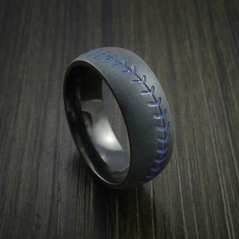 Black Titanium or Black Zirconium Custom Men's Ring with Baseball Stitching Pattern - Image 6