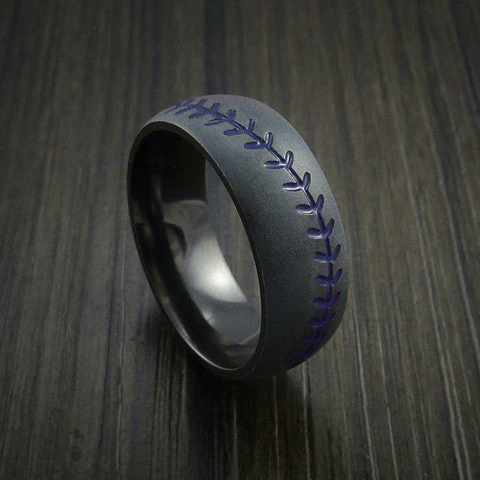 Black Titanium or Black Zirconium Custom Men's Ring with Baseball Stitching Pattern - Image 8