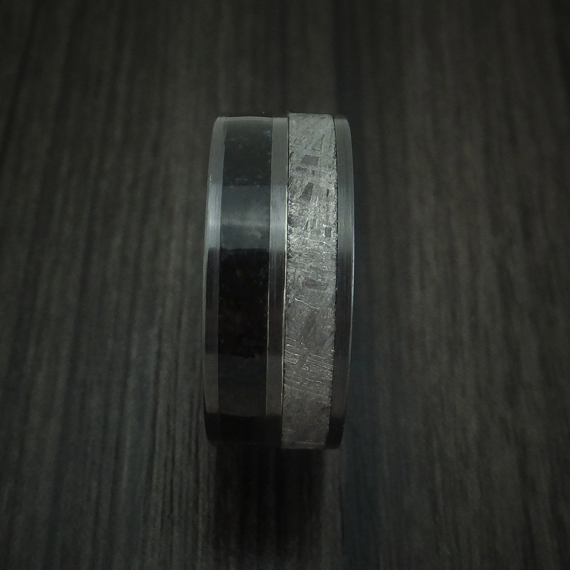 Black Titanium Black Dinosaur Bone and Gibeon Meteorite Men's Ring Custom Made Fossil Band - Image 3