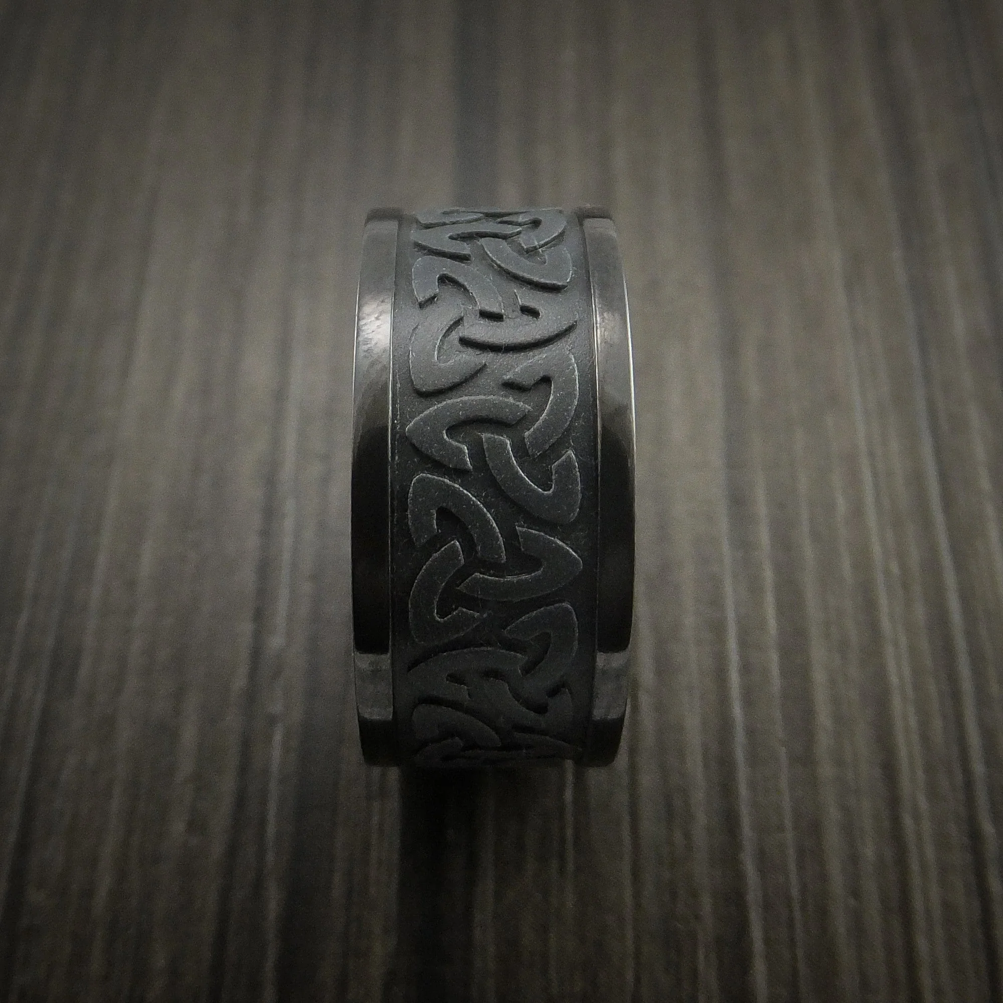 Black Titanium or Black Zirconium Custom Men's Ring with Celtic Trinity Symbols - Image 3