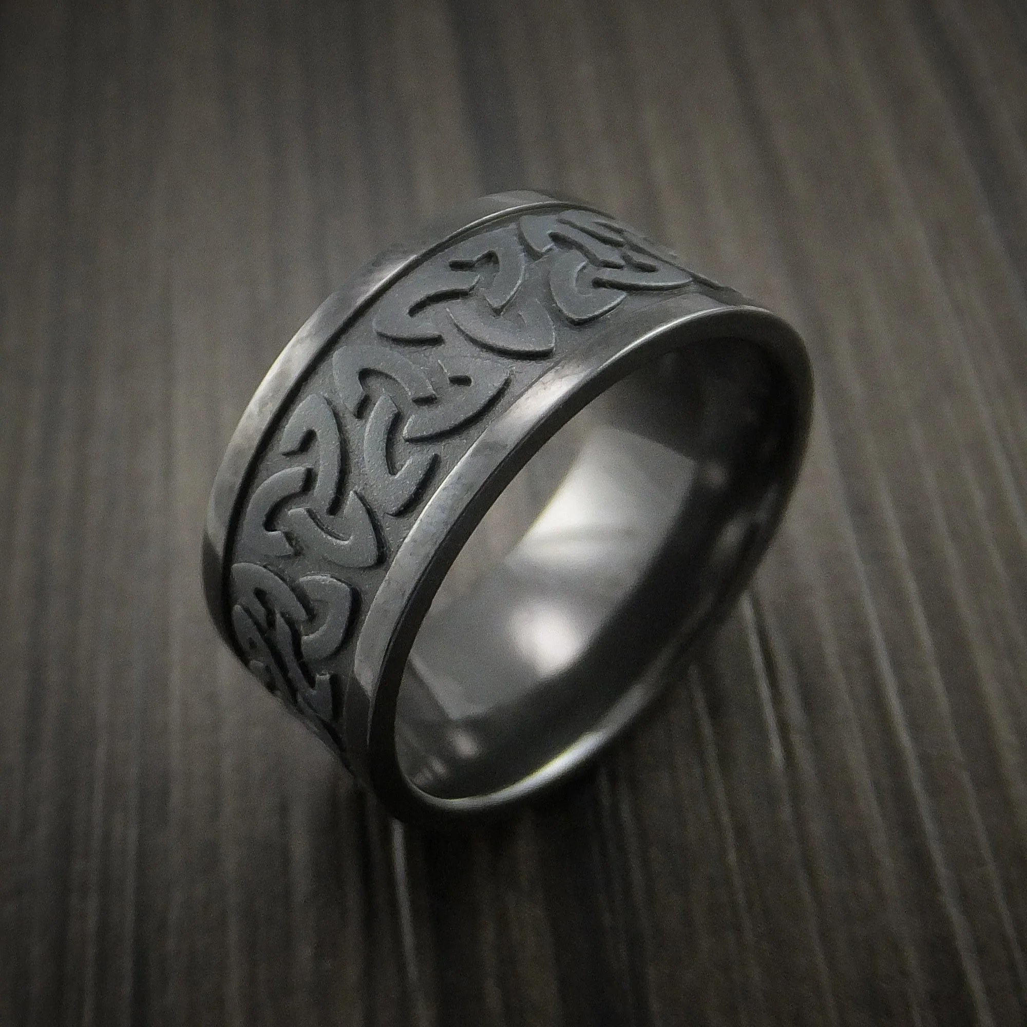 Black Titanium or Black Zirconium Custom Men's Ring with Celtic Trinity Symbols - Image 4