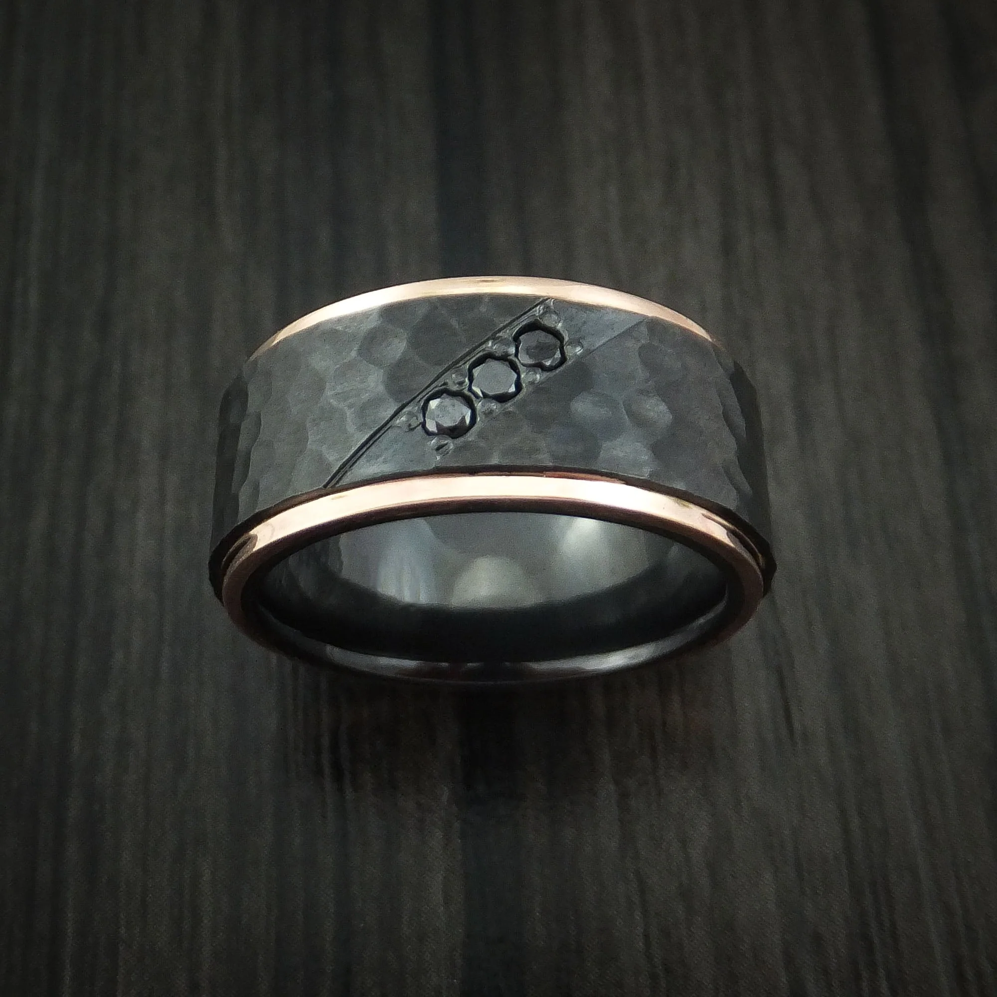 Black Titanium or Black Zirconium Custom Men's Ring with Hammered Hammered Finish, 14K Rose Gold Edges, and Black Diamonds - Image 2