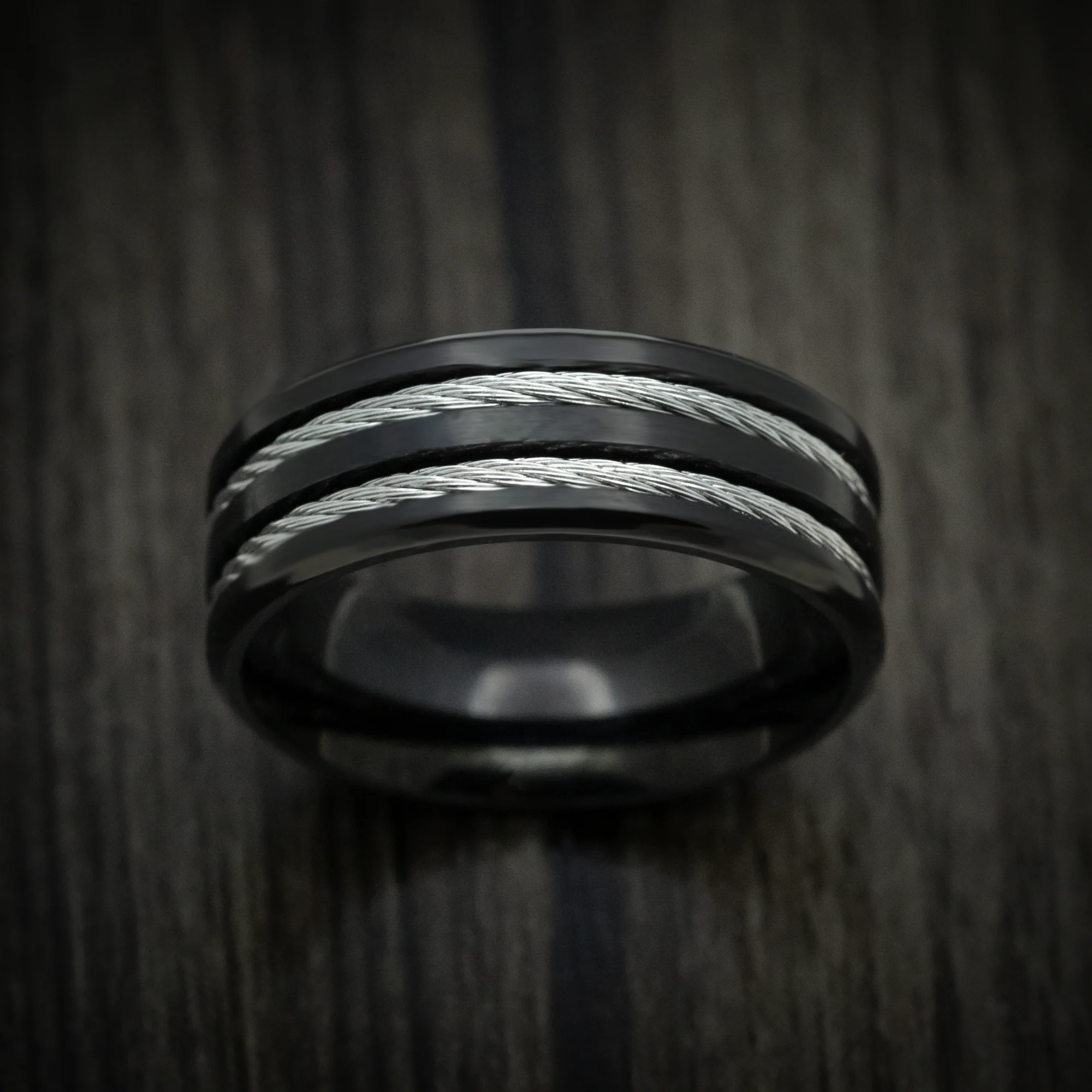 Black Titanium Men's Ring with Silvertoned Cable Inlays - Image 3