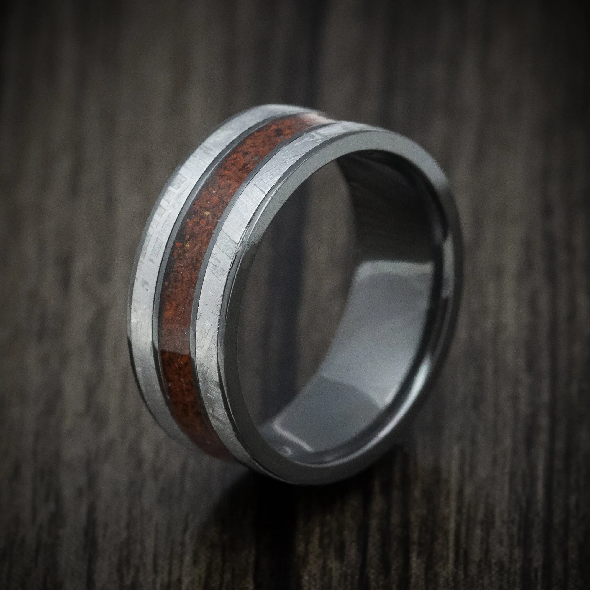 Black Titanium Meteorite and Dinosaur Bone Inlays Men's Ring Custom Made - Image 4