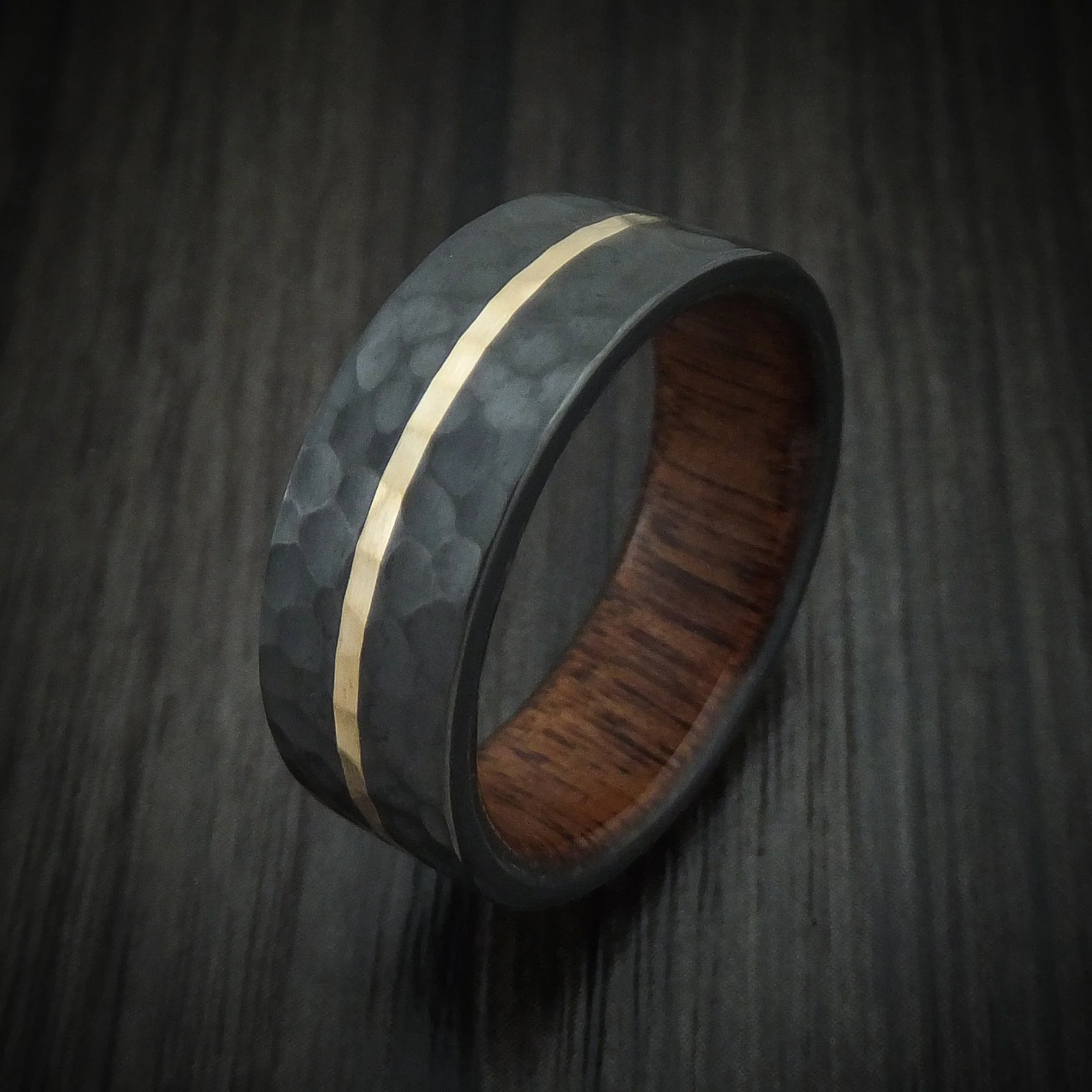 Black Titanium Men's Ring with 14K Gold and Wood Sleeve Custom Made Band - Image 4