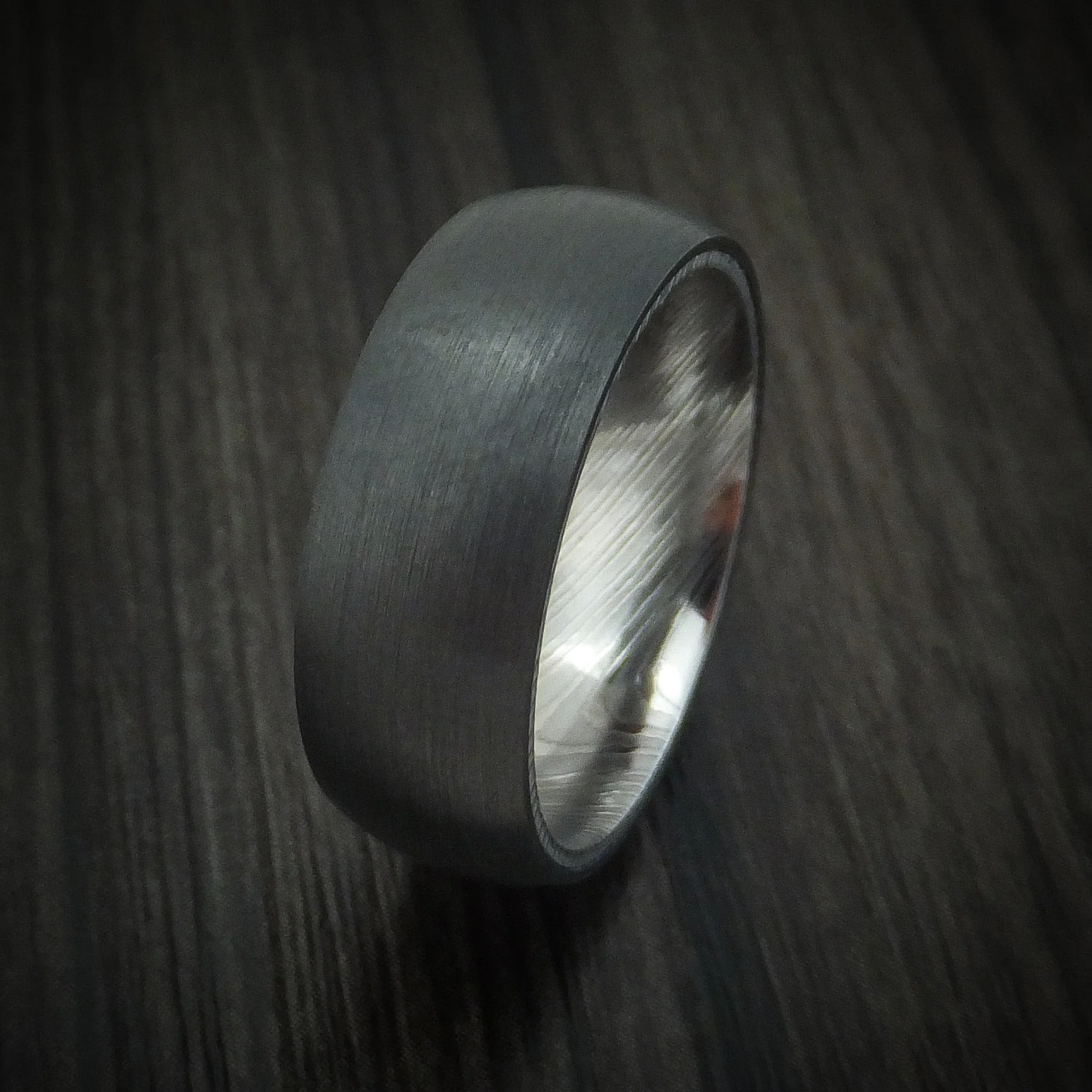 Black Titanium Men's Ring with Damascus Steel Sleeve - Image 4