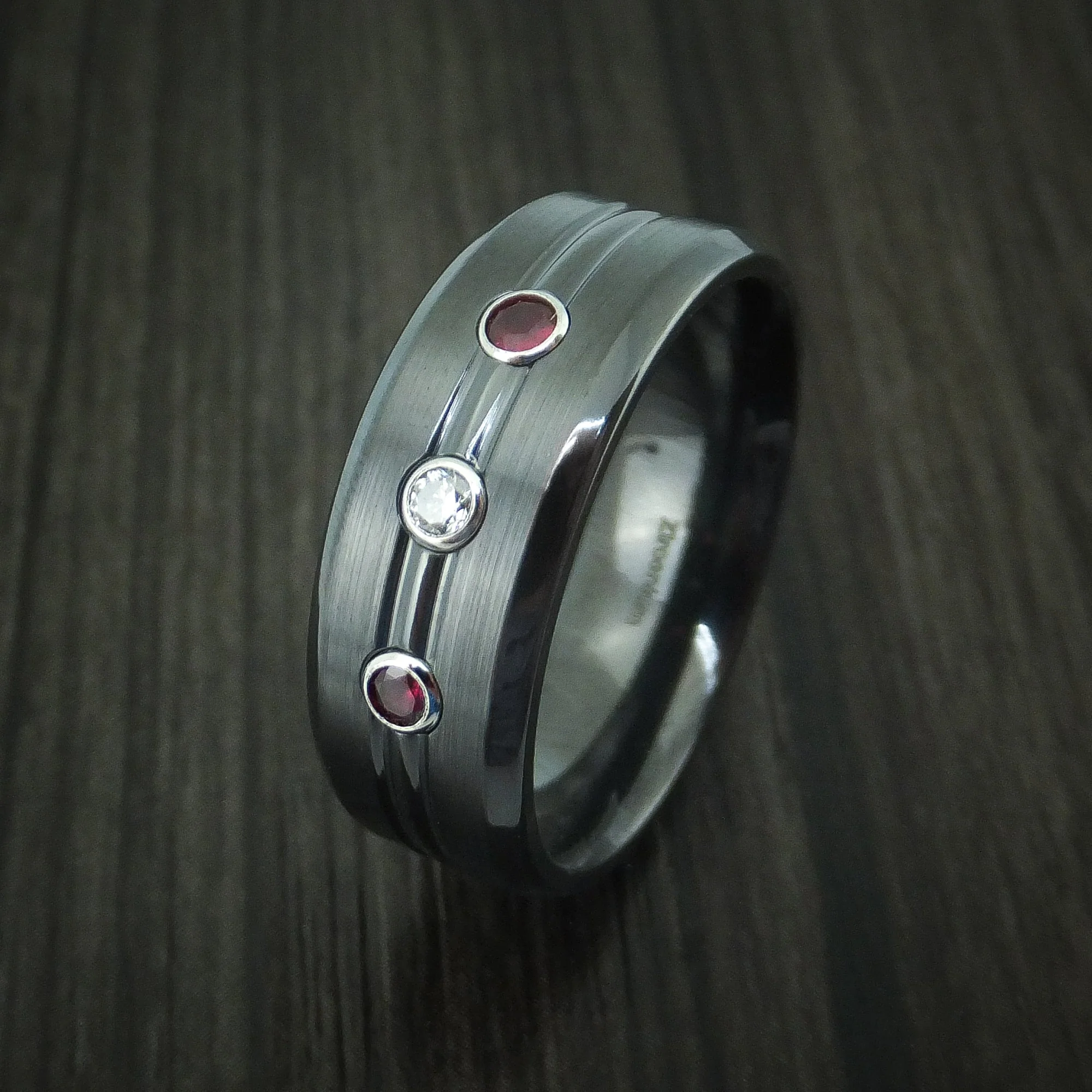 Black Titanium Men's Ring with Diamond and Rubies Custom Made Band - Image 4