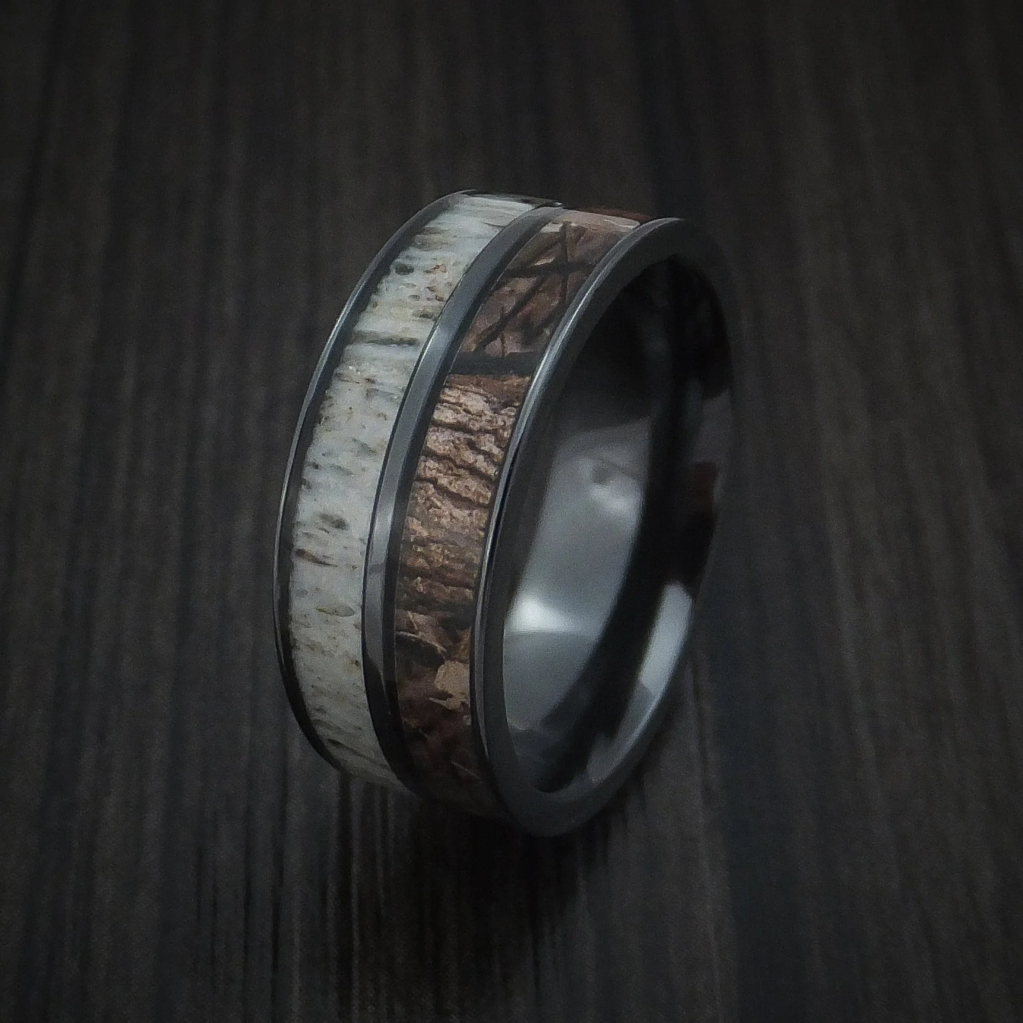 Black Titanium Men's Ring with Camo and Antler Inlays Custom Made Wedding Band - Image 4