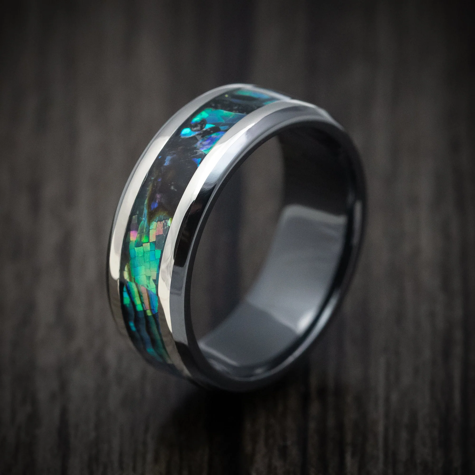 Black Titanium Men's Ring with Silver and Abalone Inlays Custom Made Band - Image 4