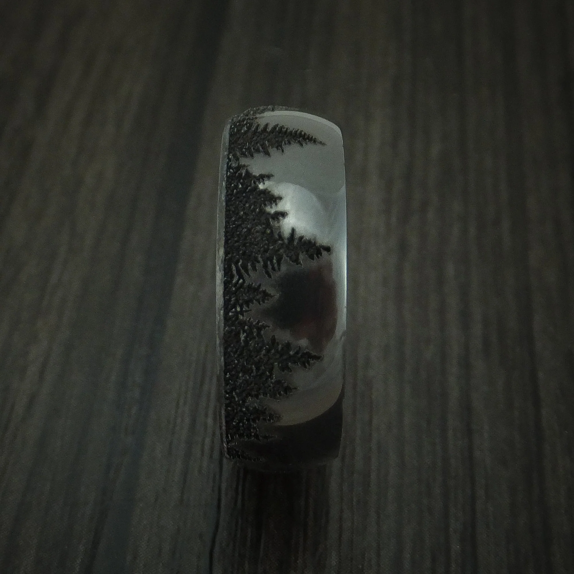 Black Titanium or Black Zirconium Custom Men's Ring with Pine Tree Design & Hardwood Sleeve - Image 3
