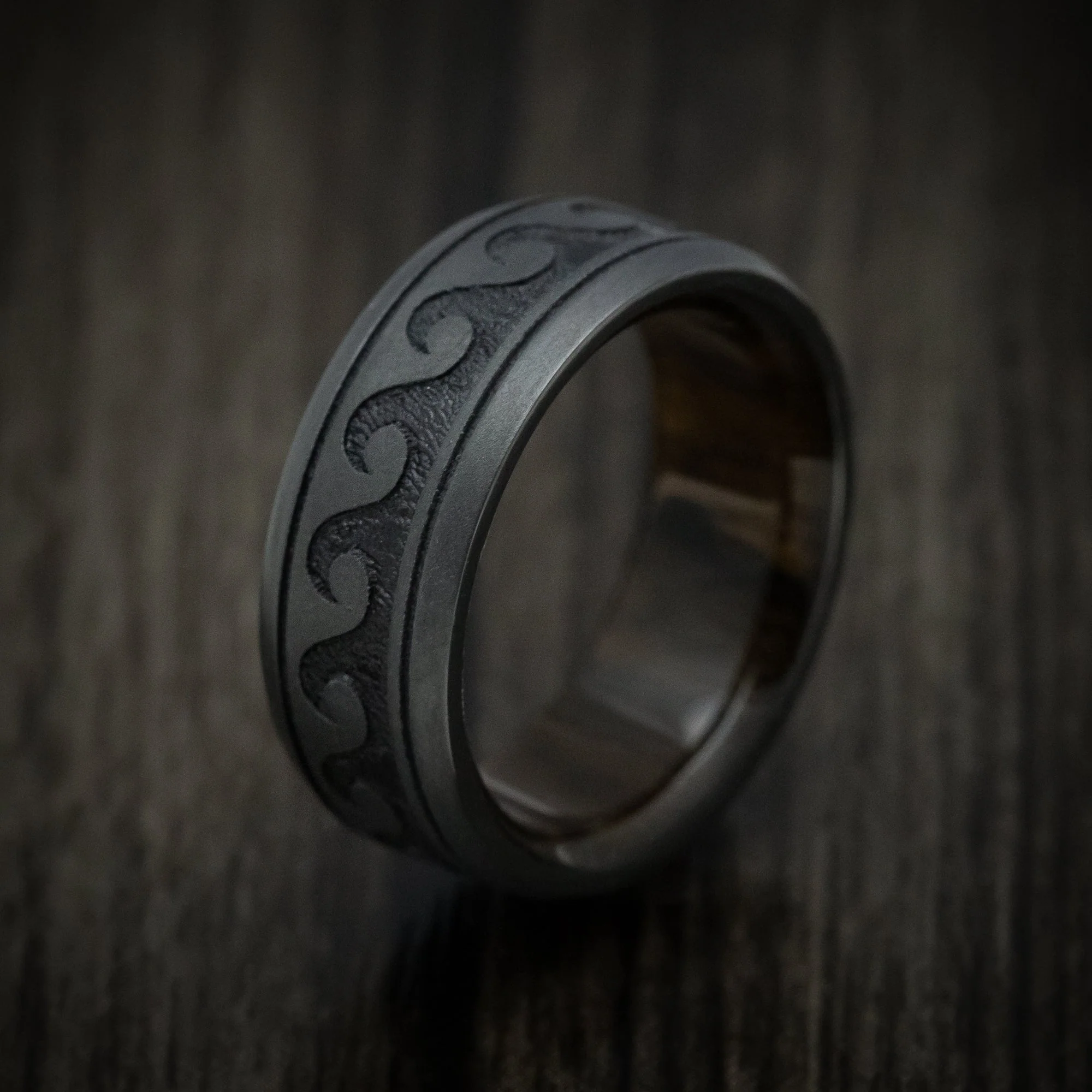 Black Titanium or Black Zirconium Custom Men's Ring with Wave Design and Wood Sleeve - Image 4