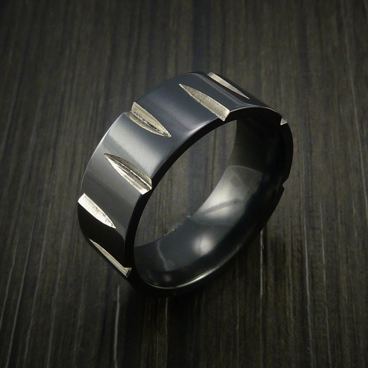 Black Titanium Wedge Cut Wedding Band Men's Ring - Image 4