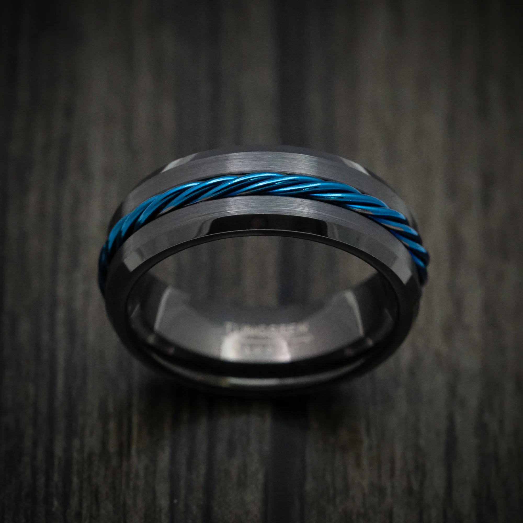 Black Tungsten Men's Ring with Anodized Blue Rope Inlay - Image 2