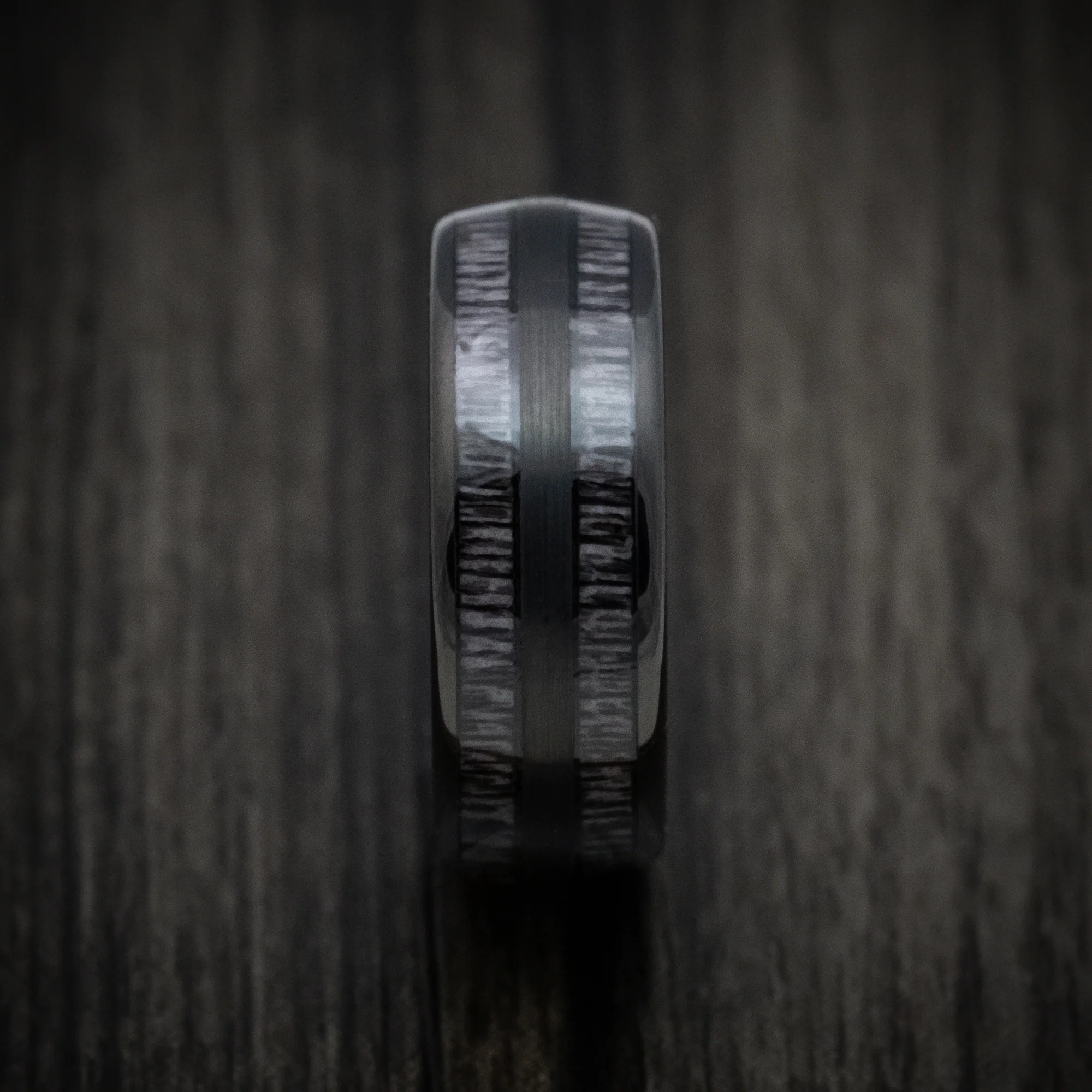 Black Tungsten Men's Ring with Charcoal Wood Inlays - Image 3