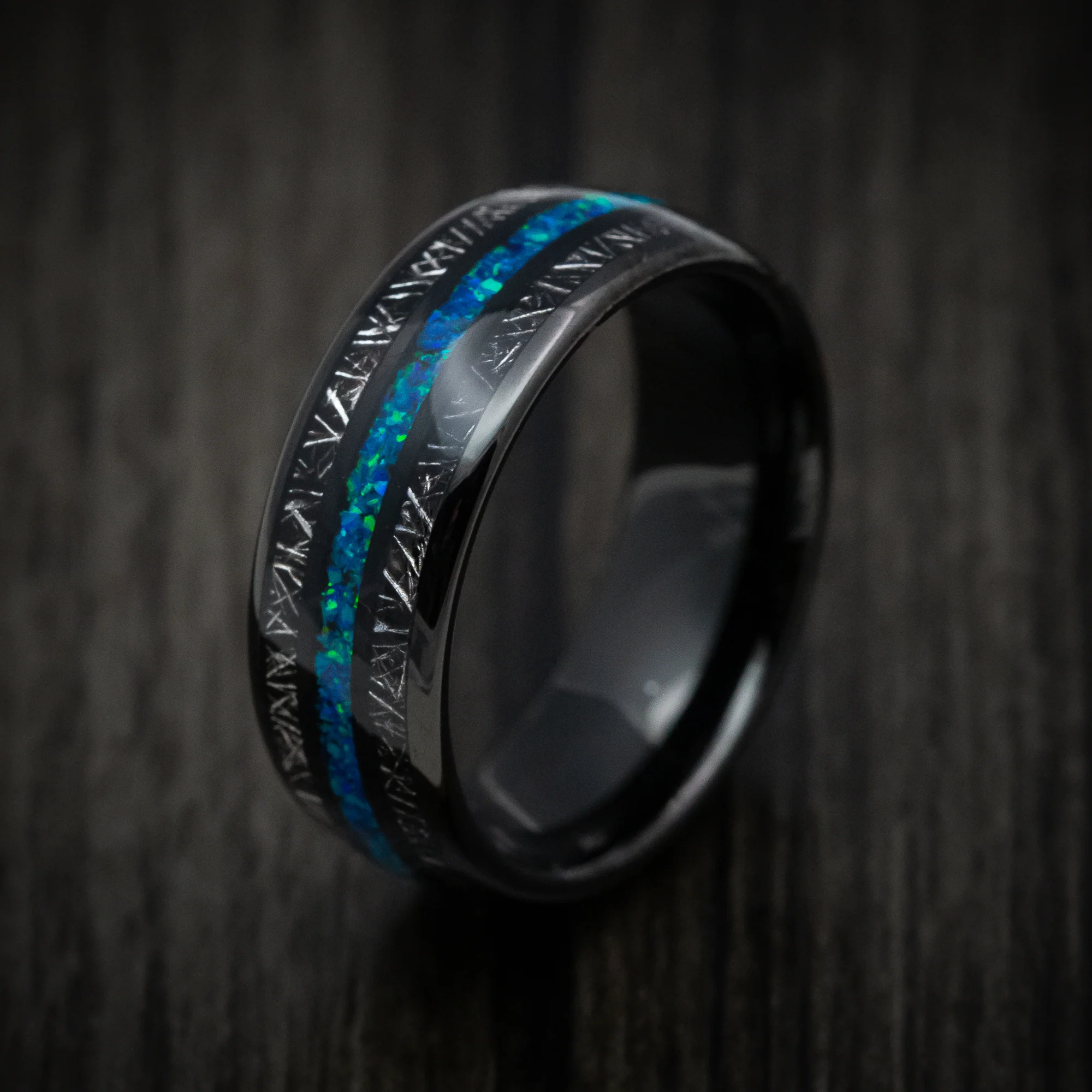 Black Tungsten Men's Ring with Opal and Titanium Shaving Inlays - Image 4