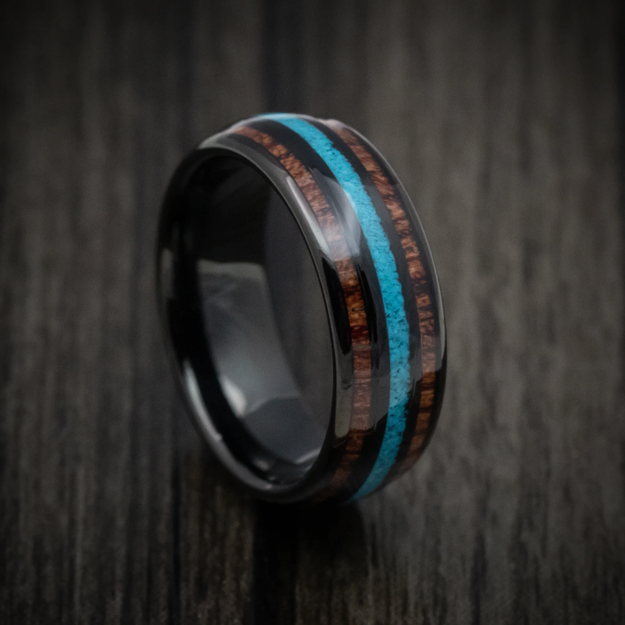 Black Tungsten Men's Ring with Turquoise and Koa Wood Inlays Band