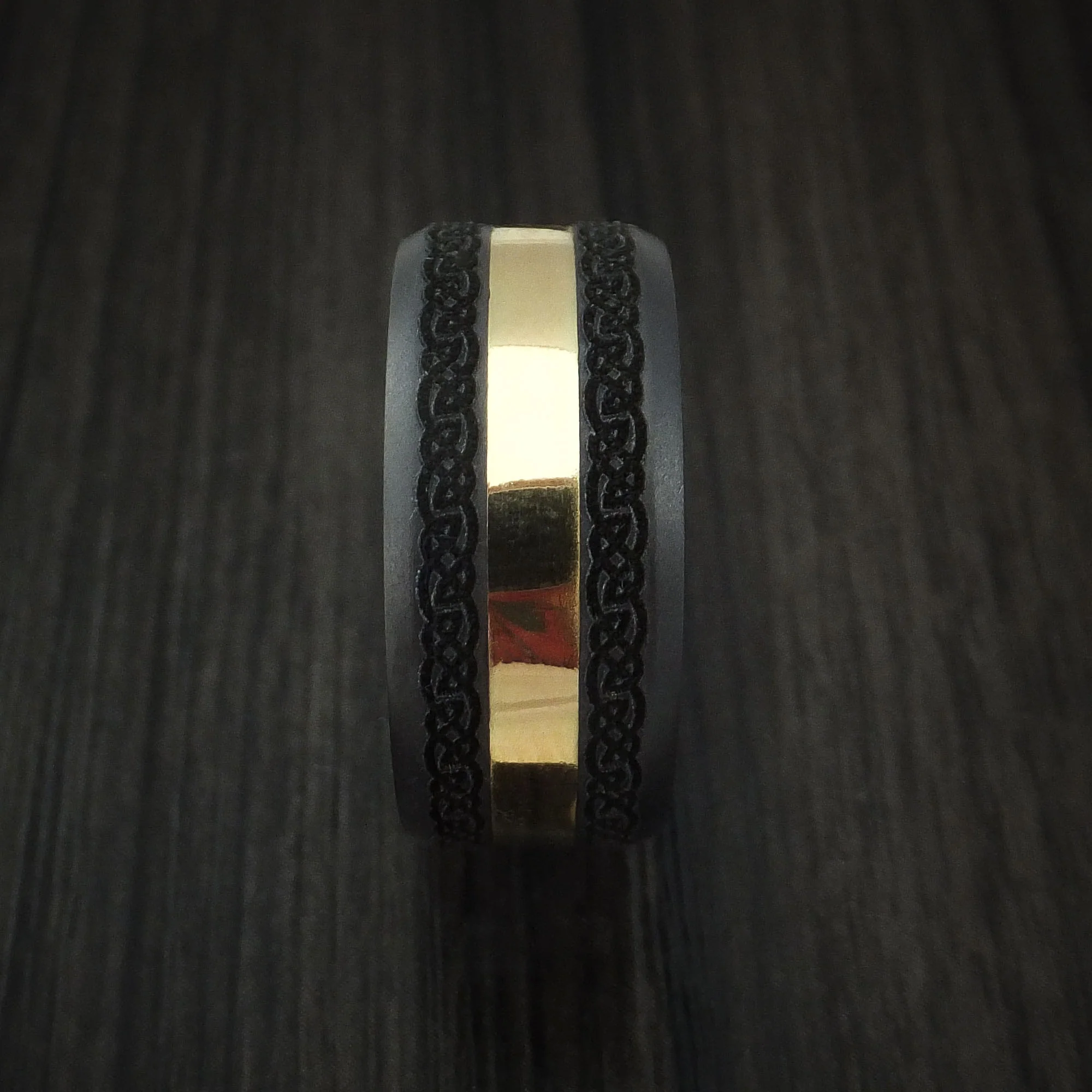 Black Zirconium and 18K Yellow Gold Custom Celtic Pattern Men's Ring - Image 2