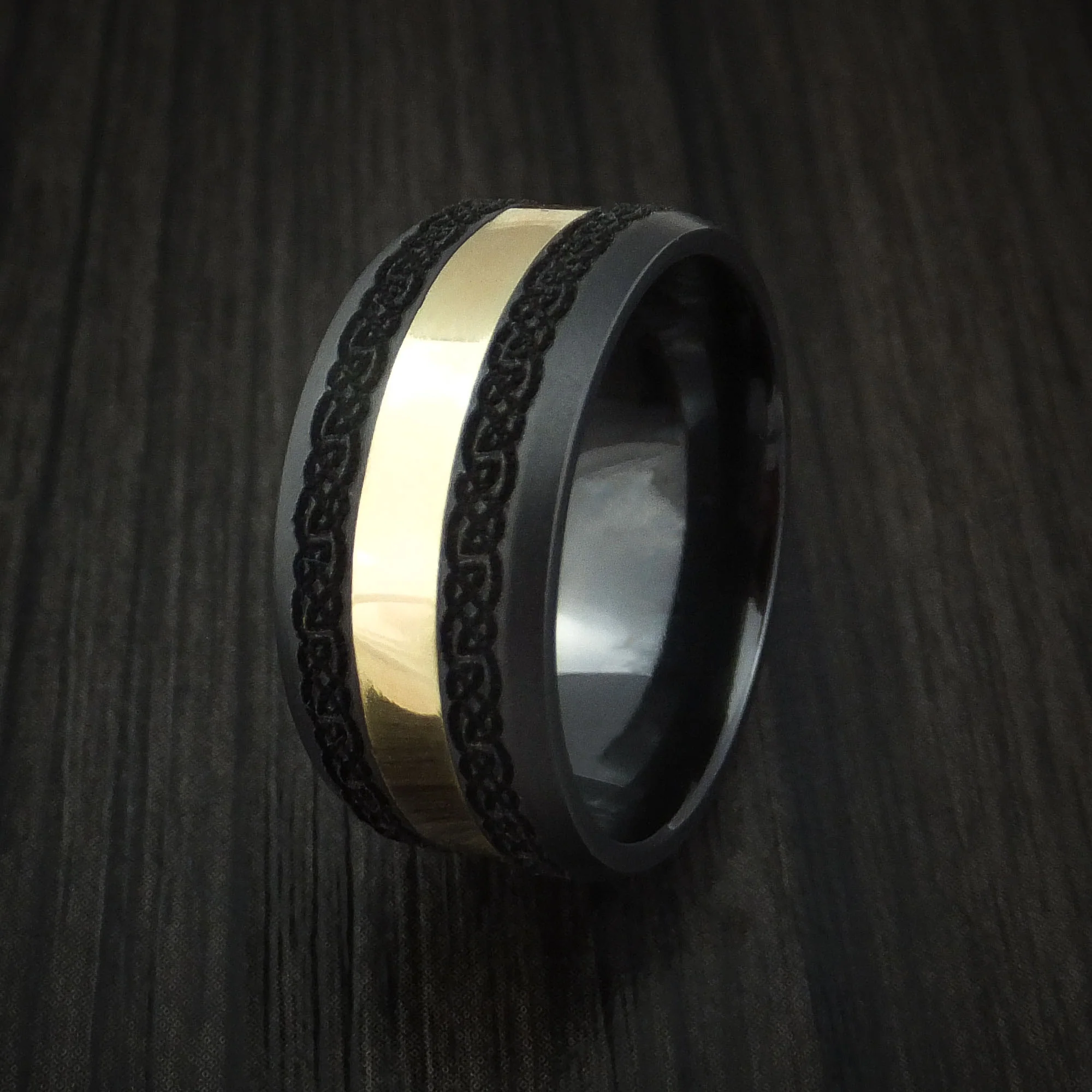 Black Zirconium and 18K Yellow Gold Custom Celtic Pattern Men's Ring - Image 3