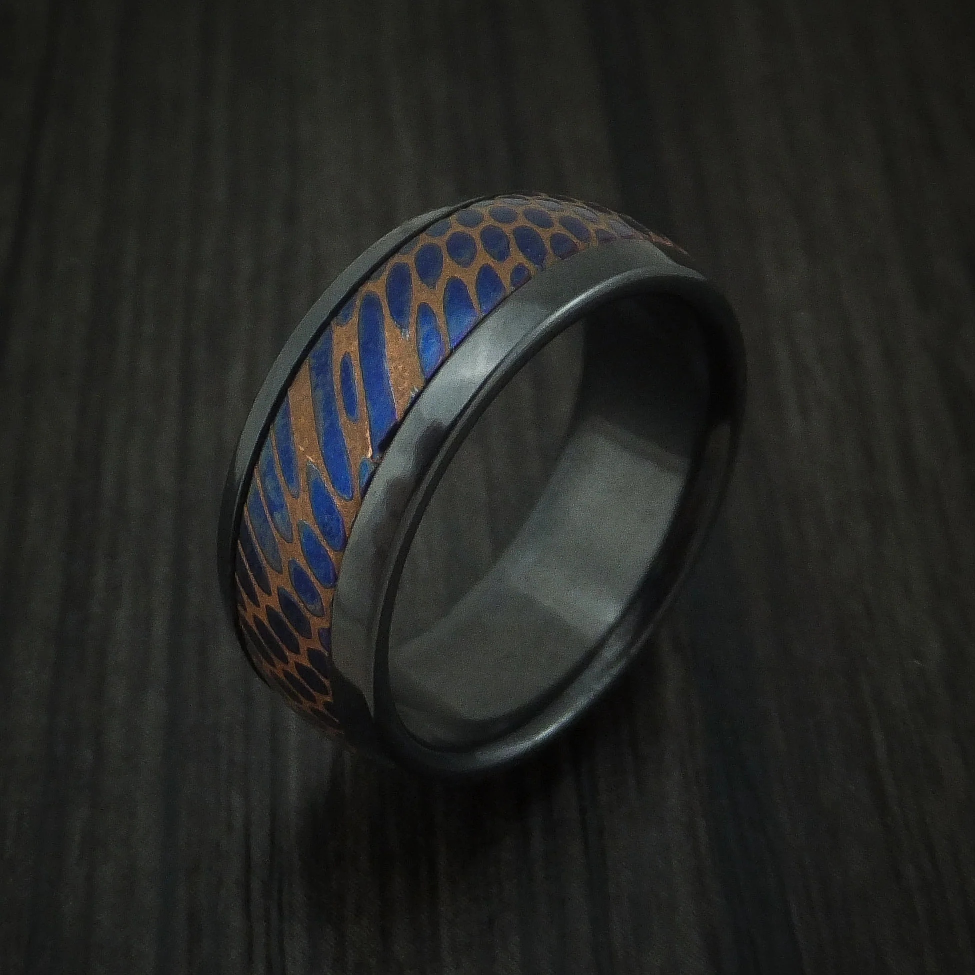Black Zirconium and Anodized Etched Superconductor Men's Ring Custom Made Titanium-Niobium and Copper Band - Image 4